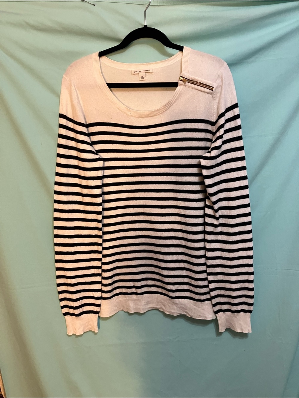 Banana Republic Black & White Striped Scoop Neck Sweater with Zip Accent